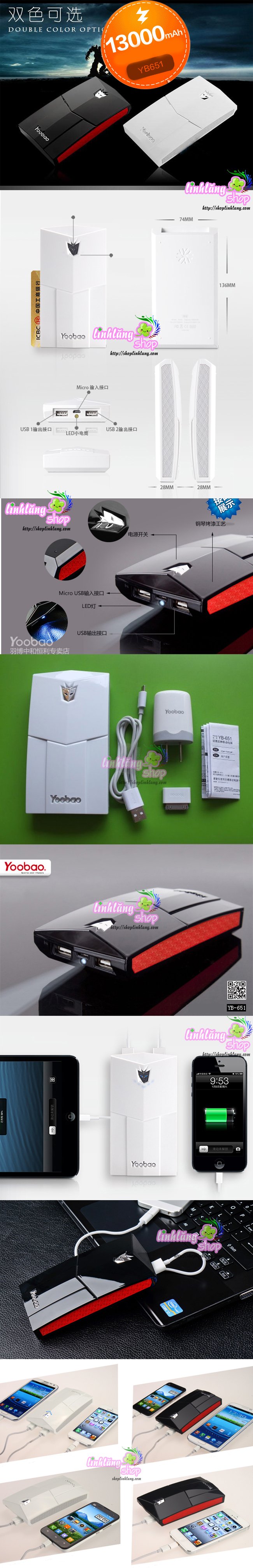 Sạc pin điện thoại dự trữ đa năng YooBao YB-642,651 11200mA,13000mA - 900k, 1150k/1c - 5